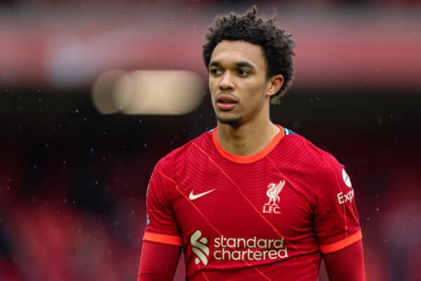 LIVERPOOL, ENGLAND - Sunday 23 May 2021: Liverpool's Trent Alexander-Arnold during the final FA Premier League game between Liverpool FC and Crystal Palace FC at Anfield.  Liverpool won 2-0 and finished 3rd in the table.  (Image by David Rawcliffe / Propaganda)