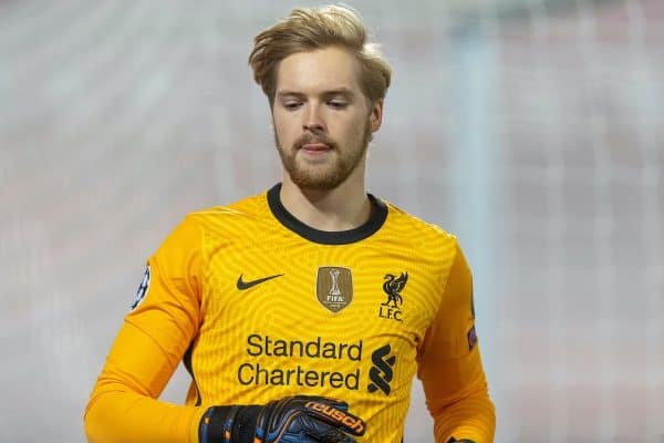 LIVERPOOL, ENGLAND - Tuesday December 1, 2020: Liverpool goalkeeper Caoimhin Kelleher during the UEFA Champions League Group D match between Liverpool FC and Ajax at Anfield.  (Image by David Rawcliffe / Propaganda)
