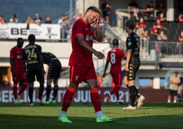 GRÖDIG, AUSTRIA - Friday 23 July 2021: Liverpool's Alex Oxlade-Chamberlain looks dejected after missing a chance in a friendly match between Liverpool FC and FSV Mainz 05 in the Greisbergers Betten-Arena.  (Image by Jürgen Faichter / Propaganda)
