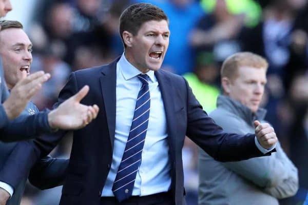 T8CH9C Rangers manager Steven Gerrard celebrates a Rangers goal during the Ladbrokes Scottish Premiership game at Ibrox Stadium, Glasgow.