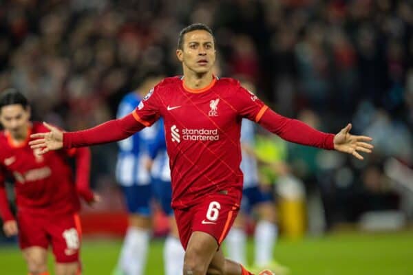LIVERPOOL, ENGLAND - Wednesday November 24th 2021: Liverpool's Thiago Alcantara celebrates after scoring the first goal during the UEFA Champions League Group B game on the 5th (Image by David Rawcliffe / Propaganda)