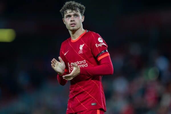 LIVERPOOL, ENGLAND - Monday 9 August 2021: Liverpool's Neco Williams applauds fans after a friendly match between Liverpool FC and Club Atlético Osasuna on Anfield Road.  Liverpool won 3-1.  (Image by David Rawcliffe / Propaganda)