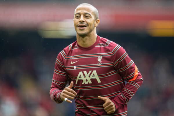 LIVERPOOL, ENGLAND - Saturday 21 August 2021: Liverpool's Thiago Alcantara during the pre-match warm-up before the FA Premier League game between Liverpool FC and Burnley FC at Anfield.  (Image by David Rawcliffe / Propaganda)