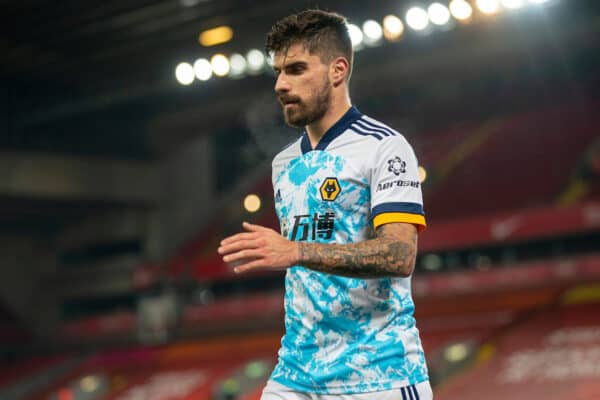 LIVERPOOL, ENGLAND - Sunday 6 December 2020: Wolverhampton Wanderers' Rúben Neves goes off after being substituted on during the FA Premier League game between Liverpool FC and Wolverhampton Wanderers FC at Anfield.  Liverpool won 4-0.  (Image by David Rawcliffe / Propaganda)