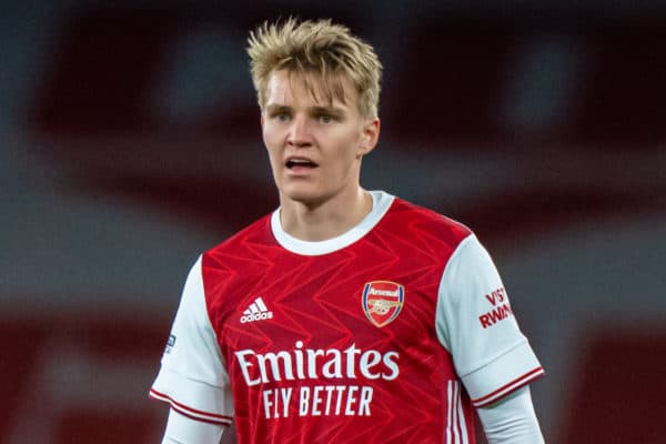 LONDON, ENGLAND - Saturday 3rd April 2021: Arsenal's Martin Ødegaard during the FA Premier League game between Arsenal FC and Liverpool FC at the Emirates Stadium.  Liverpool won 3-0.  (Image by David Rawcliffe / Propaganda)
