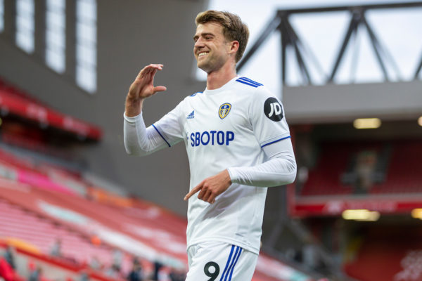 LIVERPOOL, ENGLAND - Saturday 12 September 2020: Leeds United's Patrick Bamford celebrates after scoring the second equalizer to keep the score 2-2 during the FA Premier League opening match between Liverpool FC and Leeds United FC in Anfield to achieve. The game was played behind closed doors due to the UK government's social distancing laws during the coronavirus COVID-19 pandemic. Liverpool won 4-3. (Image by David Rawcliffe / Propaganda)