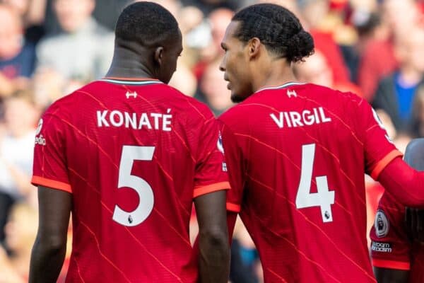 LIVERPOOL, ENGLAND - Saturday 18th September 2021: Liverpool's Ibrahima Konate and Virgil van Dijk during the FA Premier League game between Liverpool FC and Crystal Palace FC at Anfield. (Image by David Rawcliffe / Propaganda)