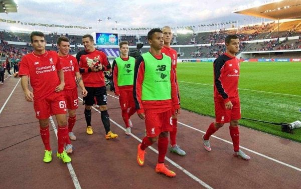 HELSINKI, FINLAND - Friday 31st July 2015: Liverpool's Pedro Chirivella, Joe Maguire, Ryan Kent, Allan Rodrigues de Sousa, Martin Skrtel and Philippe Coutinho Correia after a friendly against HJK Helsinki at the Olympic Stadium.  (Image by David Rawcliffe / Propaganda)