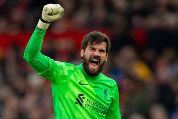MANCHESTER, ENGLAND - Sunday 24 October 2021: Liverpool goalkeeper Alisson Becker celebrates his side's fourth goal during the FA Premier League game between Manchester United FC and Liverpool FC at Old Trafford. Liverpool won 5-0. (Image by David Rawcliffe / Propaganda)