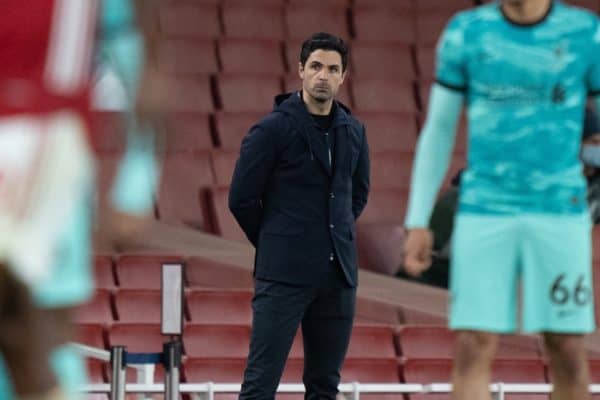 LONDON, ENGLAND - Saturday 3rd April 2021: Arsenal's manager Mikel Arteta during the FA Premier League game between Arsenal FC and Liverpool FC at the Emirates Stadium.  (Image by David Rawcliffe / Propaganda)