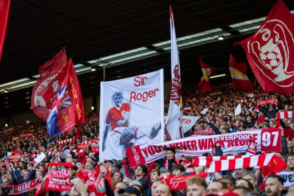 LIVERPOOL, ENGLAND - Sunday 3rd October 2021: Liverpool trailer banner for Sir Roger Hunt on the Spy Kop before the FA Premier League game between Liverpool FC and Manchester City FC at Anfield. (Image by David Rawcliffe / Propaganda)