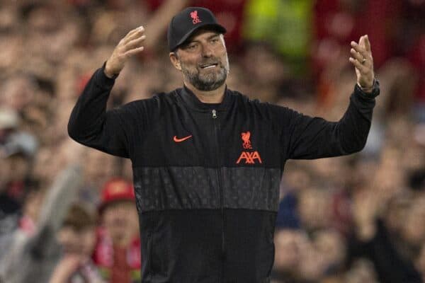 LIVERPOOL, ENGLAND - Wednesday September 15, 2021: Liverpool manager Jurgen Klopp during the UEFA Champions League Group B matchday between Liverpool FC and AC Milan at Anfield.  (Image by Paul Currie / Propaganda)