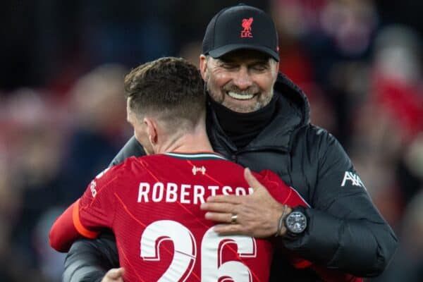 LIVERPOOL, ENGLAND - Wednesday November 24, 2021: Liverpool manager Jurgen Klopp (R) hugs Andy Robertson after the UEFA Champions League Group B game on Matchday 5 between Liverpool FC and Porto FC at Anfield Road.  (Image by David Rawcliffe / Propaganda)