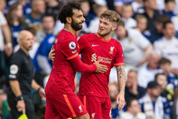 LEEDS, ENGLAND - Sunday 12th September 2021: Liverpool's Mohamed Salah celebrates with teammate Harvey Elliott after scoring the first goal during the FA Premier League game between Leeds United FC and Liverpool FC on Elland Road. (Image by David Rawcliffe / Propaganda)