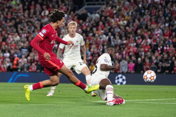 LIVERPOOL, ENGLAND - Wednesday September 15, 2021: Liverpool's Trent Alexander-Arnold scores the 1st (Image by Paul Currie / Propaganda)