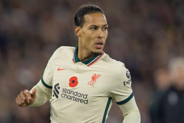 LONDON, ENGLAND - Sunday 7th November 2021: Liverpool's Virgil van Dijk during the FA Premier League game between West Ham United FC and Liverpool FC at the London Stadium.  (Image by David Rawcliffe / Propaganda)