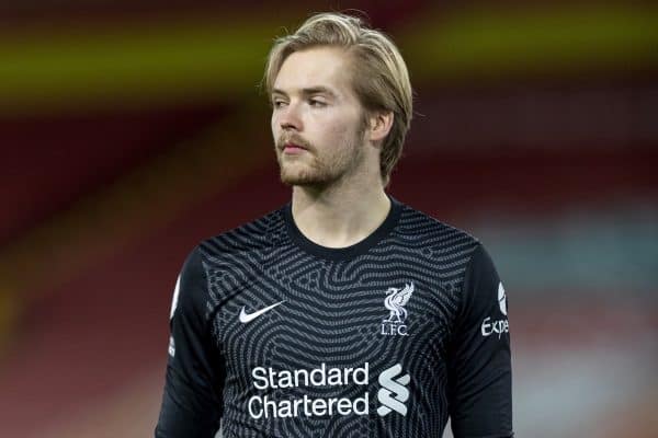 LIVERPOOL, ENGLAND - Wednesday 3rd February 2021: Liverpool goalkeeper Caoimhin Kelleher during the FA Premier League game between Liverpool FC and Brighton & Hove Albion FC at Anfield.  (Image by David Rawcliffe / Propaganda)