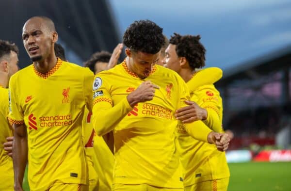 LONDON, ENGLAND - Saturday 25th September 2021: Liverpool's Curtis Jones celebrates after scoring the third goal during the FA Premier League game between Brentford FC and Liverpool FC at Brentford Community Stadium.  (Image by David Rawcliffe / Propaganda)
