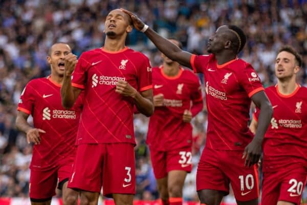 LEEDS, ENGLAND - Sunday 12th September 2021: Liverpool's Fabio Henrique Tavares 'Fabinho' celebrates after scoring the second goal during the FA Premier League match between Leeds United FC and Liverpool FC on Elland Road. (Image by David Rawcliffe / Propaganda)