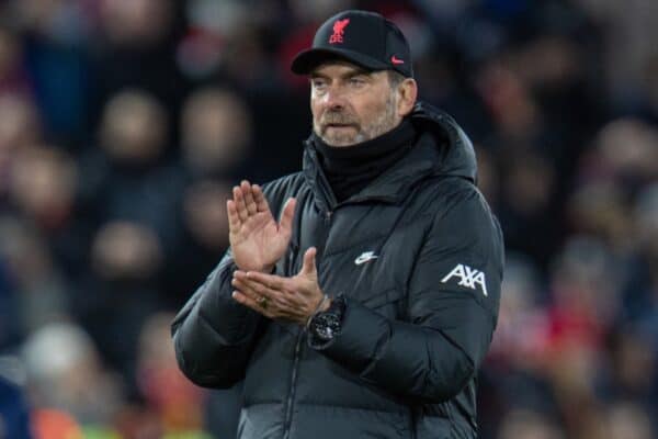 LIVERPOOL, ENGLAND - Wednesday November 24th 2021: Liverpool manager Jurgen Klopp applauds the fans after the UEFA Champions League Group B game on the 5th (Image by David Rawcliffe / Propaganda)