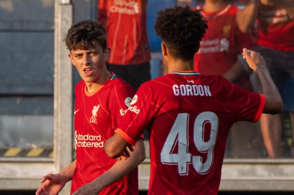 GRÖDIG, AUSTRIA - Friday 23 July 2021: Liverpool's Owen Beck is congratulated by his teammates after crossing the ball and forcing an FSV Mainz 05 own goal during a friendly between Liverpool FC and FSV Mainz 05 at Greisbergers Betten -Arena.  (Image by Jürgen Faichter / Propaganda)