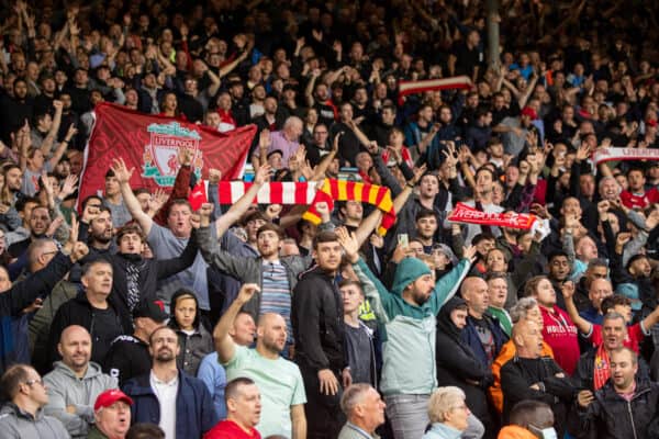 LEEDS, ENGLAND - Sunday 12th September 2021: Liverpool supporters during the FA Premier League game between Leeds United FC and Liverpool FC on Elland Road.  Liverpool won 3-0.  (Image by David Rawcliffe / Propaganda)