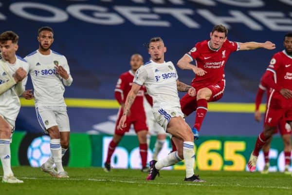 LEEDS, ENGLAND - Monday April 19, 2021: Liverpool's James Milner shoots during the FA Premier League game between Leeds United FC and Liverpool FC on Elland Road. (Image from Propaganda)
