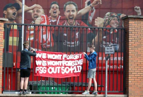 Liverpool fans protest against club owners outside Anfield (Martin Rickett / PA)