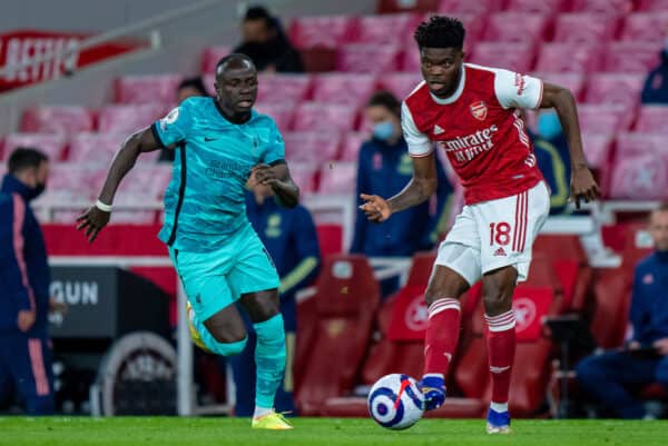 LONDON, ENGLAND - Saturday 3rd April 2021: Arsenal's Thomas Partey (R) and Liverpool's Sadio Mané (L) during the FA Premier League game between Arsenal FC and Liverpool FC at the Emirates Stadium.  Liverpool won 3-0.  (Image by David Rawcliffe / Propaganda)