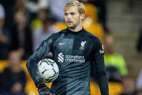 NORWICH, ENGLAND - Tuesday September 21, 2021: Liverpool goalkeeper Caoimhin Kelleher during the Round 3 game of the Football League Cup between Norwich City FC and Liverpool FC on Carrow Road.  (Image by David Rawcliffe / Propaganda)