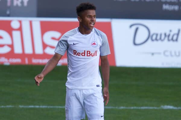 ST HELENS, ENGLAND - Wednesday October 2, 2019: FC Salzburg's Karim Adeyemi celebrates the first goal during the UEFA Youth League Group E game between Liverpool FC U19 and FC Salzburg U19 at Langtree Park.  (Image by David Rawcliffe / Propaganda)