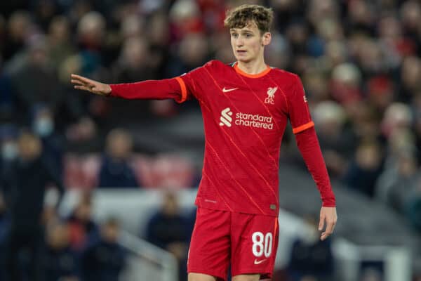 LIVERPOOL, ENGLAND - Wednesday 24 November 2021: Liverpool's Tyler Morton during the UEFA Champions League Group B matchday five match between Liverpool FC and Porto FC at Anfield Road.  (Image by David Rawcliffe / Propaganda)