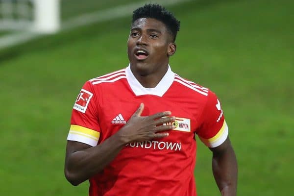 Firo: 18.12.2020 football, soccer 1. Bundesliga, season 2020/2021 Union Berlin - BVB Borussia Dortmund 2: 1 Union Taiwo Awoniyi, jubilation, goal celebration, gesture, gesture, after the 1: 0, |  worldwide use