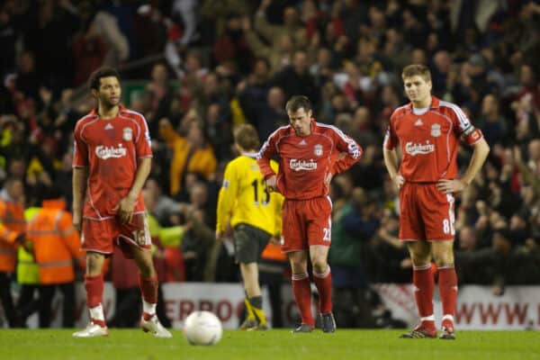 Liverpool, England - Saturday 6th January 2007: Liverpool's Jermaine Pennant, Jamie Carragher, Steven Gerrard and Dirk Kuyt look dejected as Arsenal's Thierry Henry celebrates the third goal during the FA Cup 3rd round match at Anfield. (Image by David Rawcliffe / Propaganda)