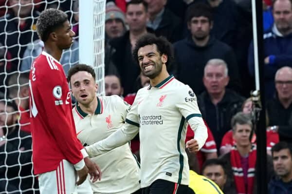 Liverpool's Mohamed Salah celebrates his team's fourth goal during the Premier League match at Old Trafford, Manchester. Picture date: Sunday October 24, 2021.