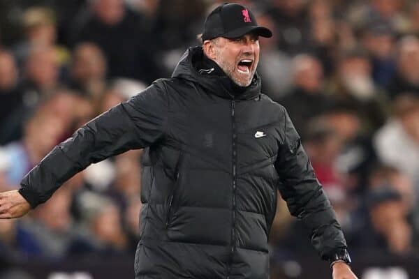 Liverpool manager Jurgen Klopp reacts during the Premier League match at the London Stadium, London.  Picture date: Sunday November 7, 2021.