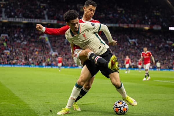 MANCHESTER, ENGLAND - Sunday 24 October 2021: Manchester United's Cristiano Ronaldo (R) competes against Liverpool's Curtis Jones during the FA Premier League game between Manchester United FC and Liverpool FC at Old Trafford. (Image by David Rawcliffe / Propaganda)