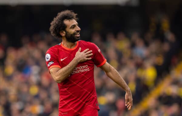 WATFORD, ENGLAND - Saturday October 16, 2021: Liverpool's Mohamed Salah celebrates the fourth goal, the eighth game in a row in which it was scored during the FA Premier League game between Watford FC and Liverpool FC on Vicarage Road.  Liverpool won 5-0.  (Image by David Rawcliffe / Propaganda)